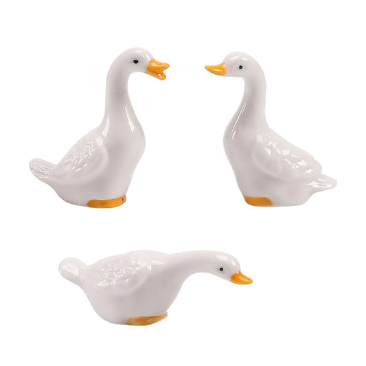 Set of 3 Mini Ceramic Duck Goose Statues ,Small Porch Goose Decor, Fairy Garden Accessories, Tiny Animal Figurines for Plant Pots, Terrariums, Shelf Decor,Baby Shower, 3.4" Tall Ceramic Ducks (White)