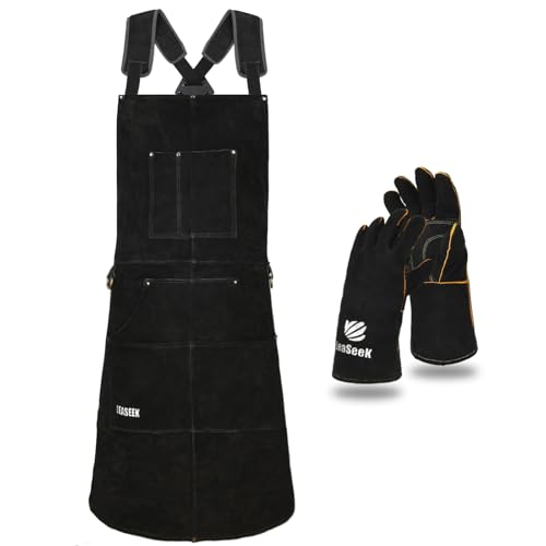 LeaSeek Leather Welding Apron, Heat & Flame-Resistant, 6 Pockets - color: Black - 24"x 36" With Gloves