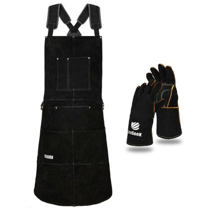 LeaSeek Leather Welding Apron, Heat & Flame-Resistant, 6 Pockets - color: Black - 24"x 42" With Gloves