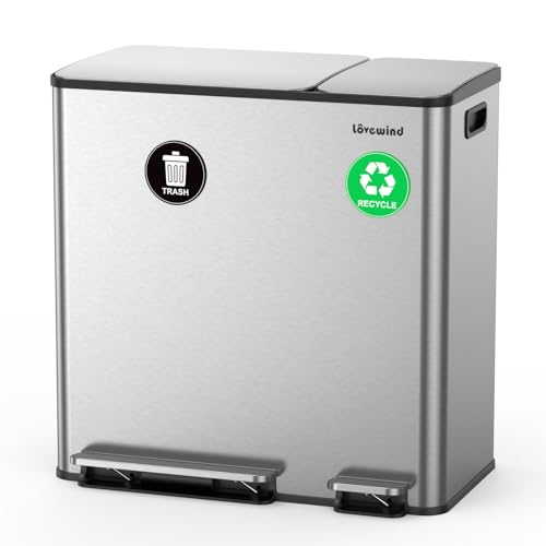 Dual Trash and Recycling Bins for Kitchen, 13.2 + 5.2 Gal (50+20L) Stainless Steel Trash and Recycle Bin Combo with Soft-Close Lid, Large Garbage Cans for Kitchen Home with 2 Magnets Sticker, Silver - color: Silver, size: 13.2 + 5.2 Gallon