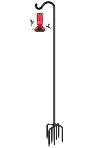FEED GARDEN Adjustable Shepherd Hook Bird Feeder Pole with 7 Prongs Base, 108 Inch Tall 5/8 Inch Thick, Heavy Duty Outdoor Garden Poles for Hanging Bird Feeders, Plant Baskets, Black (1 Pack) - size: 108 Inch