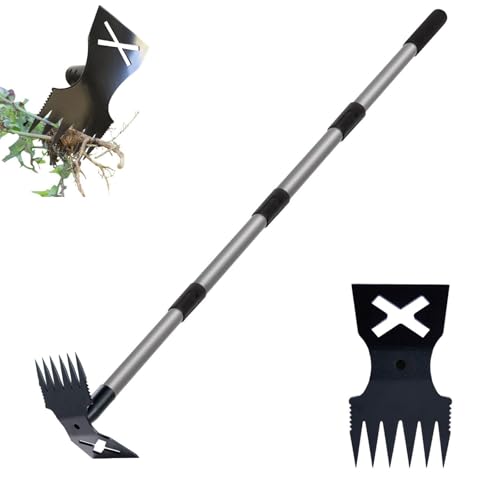 Weed Puller Tool with Long Handle, 60'' Weed Remover Weeding Tool, 2 in 1 Hand Weed Rake and Garden Hoe for Gardening, Uprooting Weeding Tool for Yard, Lawn, Patio, Garden