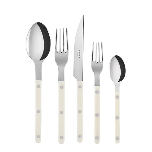 SABRE PARIS - 20-Piece Flatware Set for 4 - Bistrot Collection - Knife, Fork, Soup Spoon, Teaspoon & Dessert Fork - Stainless Steel & Nylon - Dishwasher Safe - Ivory - Shiny Finish - color: Ivory, size: 20 Pieces