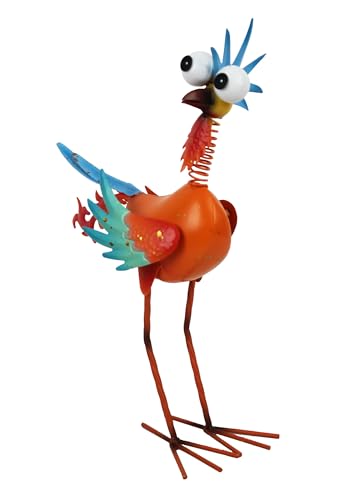 Metal Wacky Rooster Garden Statue for Patio, Backyard, Lawn - color: Orange & Cyan