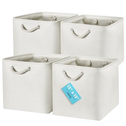 OrganiHaus 13x13 Cube Storage Bins, 4-Pack Fabric Cubes, Rope Handles - color: Off-White, size: 4 pcs (13x13)