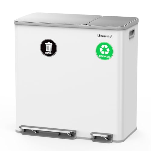 Dual Trash and Recycling Bins for Kitchen, 13.2 + 5.2 Gal (50+20L) Stainless Steel Trash and Recycle Bin Combo with Soft-Close Lid, Large Garbage Cans for Kitchen Home with 2 Magnets Sticker, White - color: White, size: 13.2 + 5.2 Gallon