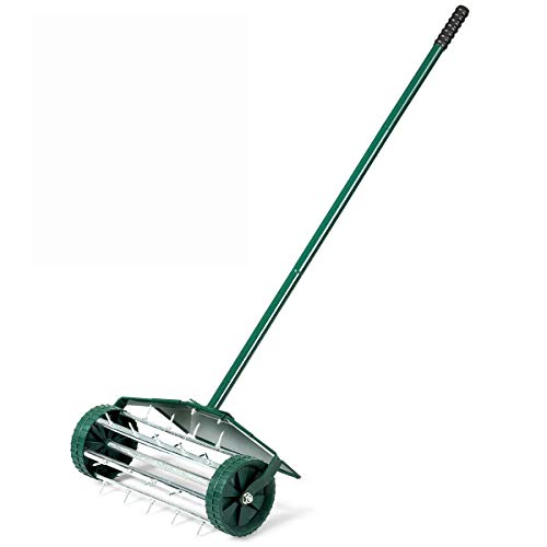 Goplus Rolling Lawn Aerator, 18-Inch Garden Yard Rotary Push Tine Heavy Duty Spike Soil Aeration, Manual Lawn Aeration Tool w/ 41-Inch Handle (Green w/Fender) - color: Green w/ Fender
