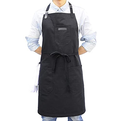 Black Kitchen Apron for Cooking, with Pockets & Towel Loop - color: Black Cotton