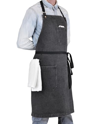 Black Denim Apron with Pockets & Towel Loop for Men Women - color: Black Denim -2