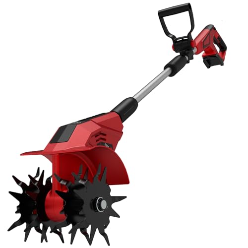 Brushless Tiller Cultivator Compatible with Milwaukee 18V Battery(Tool Only), 8.9In Tilling Width and 7.1In Depth Cordless Electric Garden Tiller, Battery Powered Rototiller for Lawn/Gardening - color: Red