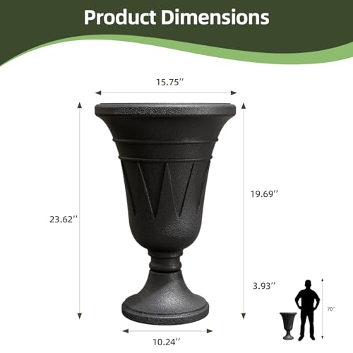 24" Tall Urn Planters for Outdoor Plants, Urns and Pedestal, Black - color: Black-concrete Look/Sandblasting