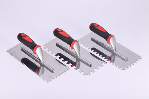 Stainless Steel Square Notched Trowel Set - 3 Piece Kit (5/32", 5/16", 1/2" Notch Sizes) for Wall & Floor Tile Installation - Masonry Tiling Hand Tools