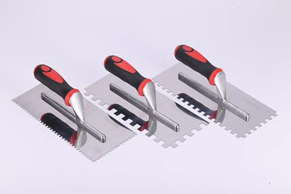 Stainless Steel Square Notched Trowel Set - 3 Piece Kit (5/32", 5/16", 1/2" Notch Sizes) for Wall & Floor Tile Installation - Masonry Tiling Hand Tools