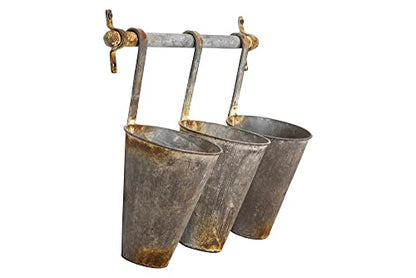 Creative Co-Op Antiqued Metal Wall Rack with 3 Hanging Cone Pots, Grey
