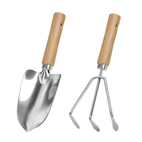 LeMotech Garden Tool Set, 2Pcs Gardening Hand Tools, Stainless Steel Trowel and Cultivator with Handle, Outdoor Gardening Kit for Women Men - style: 2PC(Trowel&Cultivator)