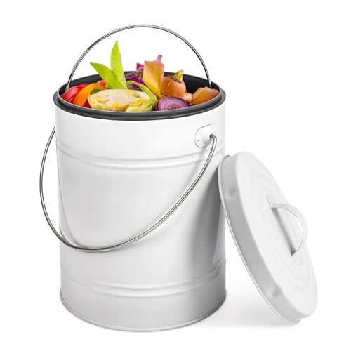 Plexon Kitchen Compost Bin with Lid, 1.3 Gallon Metal Countertop Compost Bucket Pail, Indoor Composter - White
