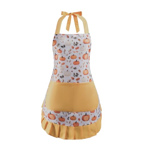 Retro Floral Apron for Women With Pockets for Cooking & Gifting - color: Pumpkin