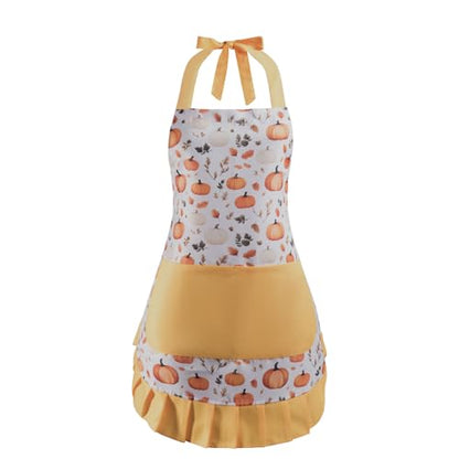 Retro Floral Apron for Women With Pockets for Cooking & Gifting - color: Pumpkin