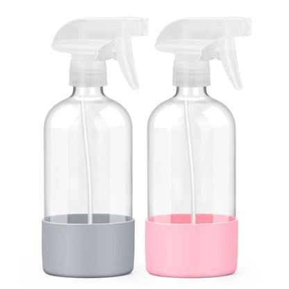 Glass Spray Bottles - 2 Pack 16 oz Clear Spray Bottles with Silicone Sleeve - color: Pink&Grey