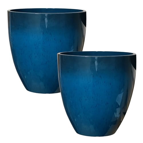 RUBBER BOND Plastic Plant Pots 2 Pack - Modern Indoor/Outdoor Planters for Home Decor - Weather-Resistant Large Flower Pots - Lightweight 12 Inches Tall Planters - color: Blue Glossy Round Small