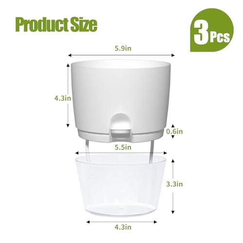 Oliz 6" Self Watering Pots for Indoor Plants, 3pk White w/Drainage Holes - color: White 3pcs