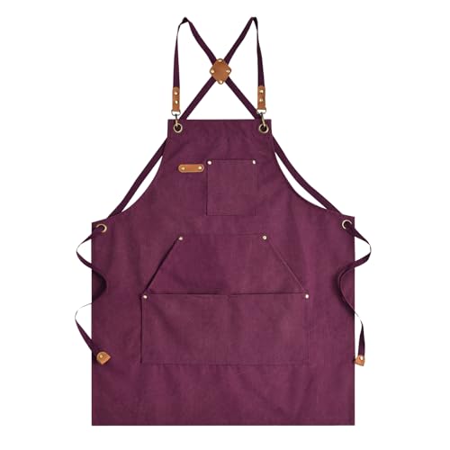 Aoomzoon Canvas Aprons for Men Women, Heavy Duty BBQ Apron with Pockets - color: Red