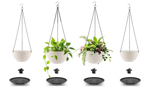 Hanging Planters 8 Inch & 10 Inch, 4 Pack Self Watering Baskets, White - color: White, size: 8 and 10 Inch-4P