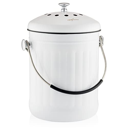 RED FACTOR Premium Compost Bin for Kitchen Countertop - Stainless Steel Food Waste Bucket with Innovative Dual Filter Technology - Includes Spare Filters (White, 1.3 Gallon) - color: White