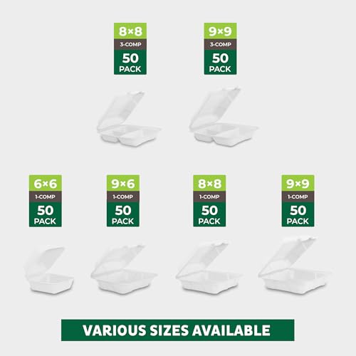 Freshware Clamshell Food Containers with Lids [9x9"] 3-Compartment 200-Pack, Disposable To Go Containers, Biodegradable Sugarcane To Go Boxes - Paper Containers - Microwave & Freezer Safe, Stackable - size: 9 x 9 Inch, 200 Pack