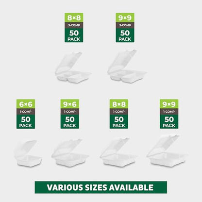 Freshware Clamshell Food Containers with Lids [9x9"] 3-Compartment 200-Pack, Disposable To Go Containers, Biodegradable Sugarcane To Go Boxes - Paper Containers - Microwave & Freezer Safe, Stackable - size: 9 x 9 Inch, 200 Pack