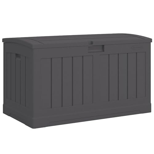 Suncast 50 Gallon Medium Capacity All Weather Construction Resin Outdoor Storage Deck Box with Arched Lid for Patio, Garden, or Pool, Peppercorn