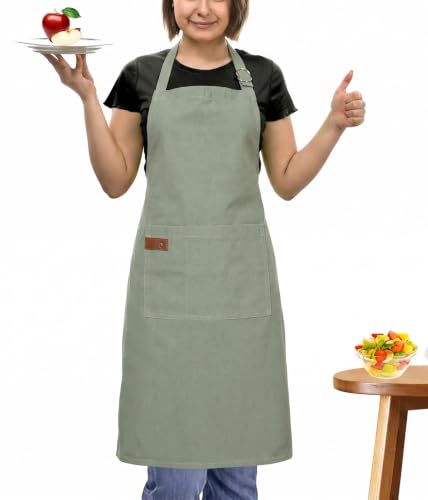 Washed Cotton Kitchen Apron | Adjustable 25x31, Light Green
