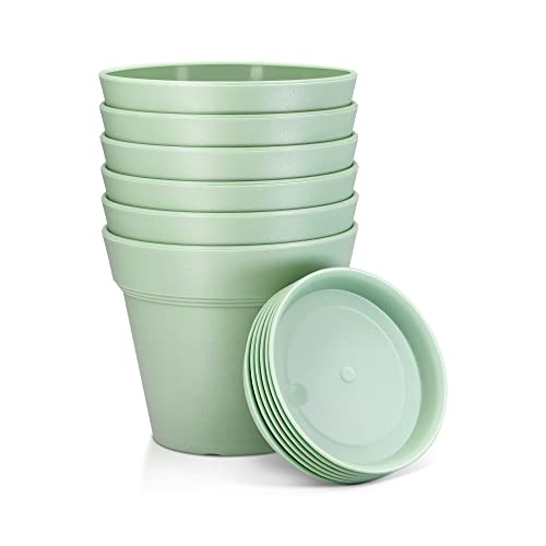4 Inch Small Plant Pots 6 Pack, Plastic Plant Pots Indoor Saucer, Green - color: Green, size: 6 Pack-4in