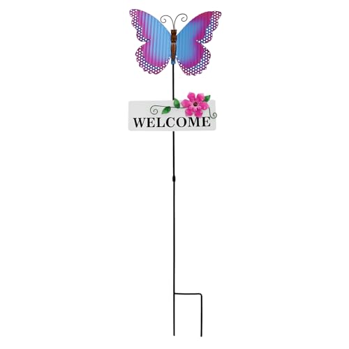 Morning View Butterfly Garden Stakes Decorative Metal Insect Yard Stake Outdoor Spring Lawn Ornaments Yard Art Patio Pathway Flower Pot Outside 30 Inch Tall - color: Blue Purple Butterfly