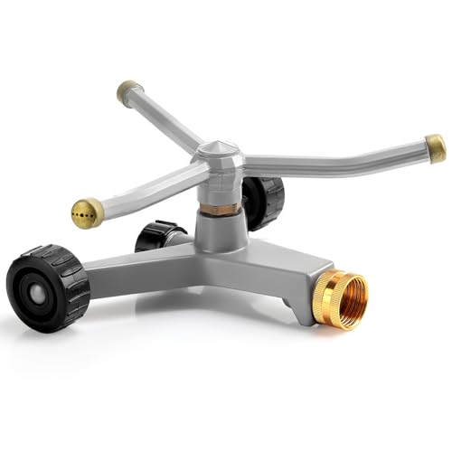 1 Pc Metal Rotary Lawn Sprinkler 3 Arm Heavy Duty 360 Degree Automatic Revolving Whirling Water Sprinkler with Wheeled Base for Lawn Yard Garden Backyard, Cover up to 538 sq ft (Grey) - color: Gray