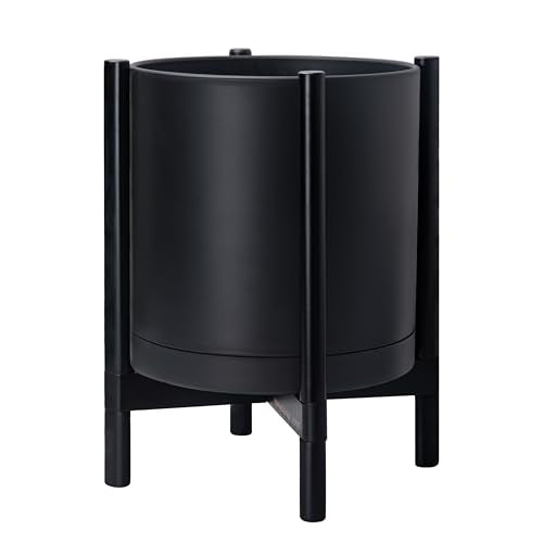D'vine Dev Plastic Pot with Ebony Wood Stand, Black, 16 in, 55-C-Z-2 - color: Matte Black Pot + Ebony Stand, size: 16 Inch
