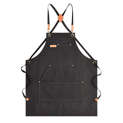 Aoomzoon Canvas Aprons for Men Women, Heavy Duty BBQ Apron with Pockets - color: Black②