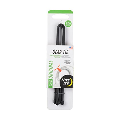 Nite IZE GT12-01-2R3 Original Gear, Reusable Rubber, 12 Inch, Black, 2-Pack, Made in The USA Twist Tie, 2 Count (Pack of 1)