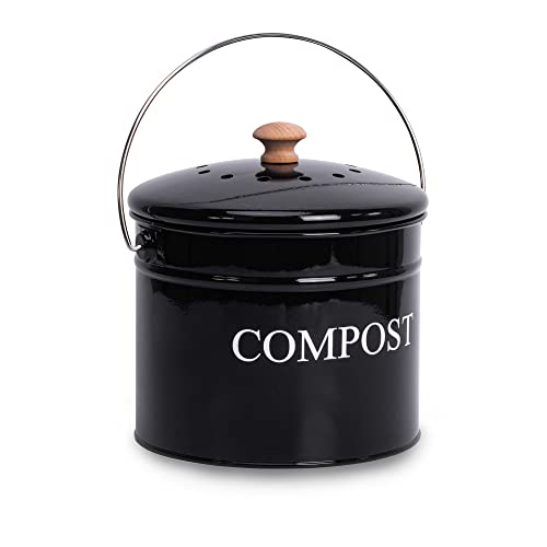 Compost Bin - 1 Gallon Countertop Composter with Lid and Charcoal Filters, Rust Proof Indoor Bucket for Kitchen Food Waste - color: Black