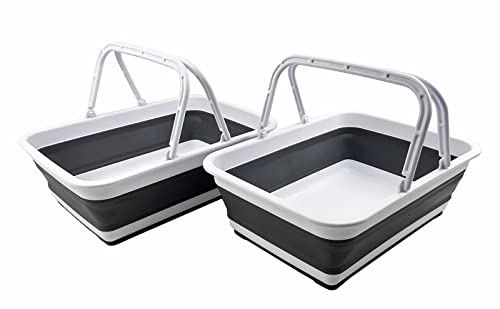 SAMMART Collapsible Basket with Handle 8L (2.1 Gallon) - Portable Outdoor Picnic Basket/Crate - Foldable Basin for Washing Dishes,Camping,Hiking (White/Steel Grey (Set of 2)) - color: White/Steel Grey (Set of 2)
