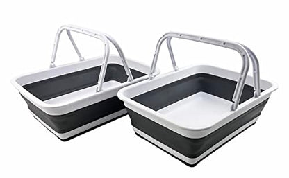 SAMMART Collapsible Basket with Handle 8L (2.1 Gallon) - Portable Outdoor Picnic Basket/Crate - Foldable Basin for Washing Dishes,Camping,Hiking (White/Steel Grey (Set of 2)) - color: White/Steel Grey (Set of 2)
