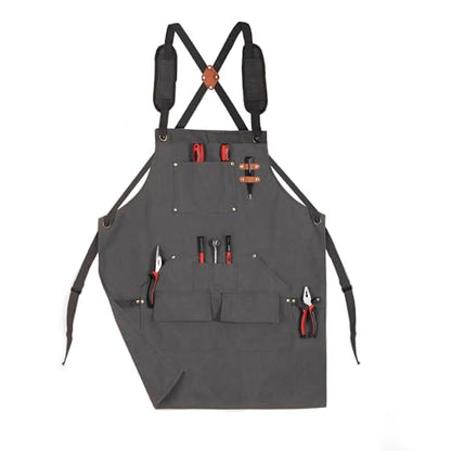 Tosewever Work Aprons for Men with Large Pockets, Canvas Cross Back Heavy Duty Adjustable Tool Aprons for Chef Cooking BBQ - color: Grey