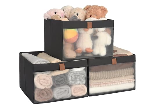 StorageWorks Fabric Storage Basket with Clear Window, Black, 3-Pack - color: Black, size: 14 ½"L x 14 ½"W x 10 ¼"H