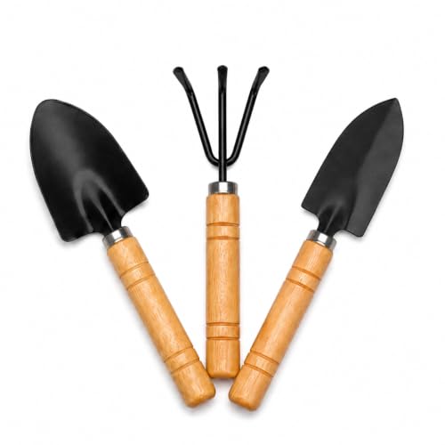3 Pcs Mini Garden Tools Set, Small Gardening Hand Tools with Wooden Handles, Mini Rake, Trowel and Shovel for Succulents, Bonsai, Flower Pots, Indoor Plants and Seedlings