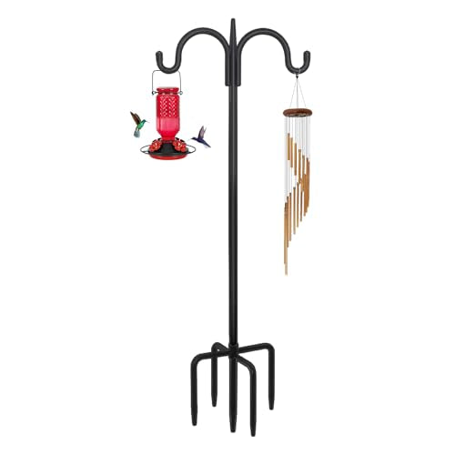 FEED GARDEN Small Shepherds Hook 63" Double Hooks Adjustable (47/63") - Alloy Steel 5-Prong Base, 12lb Capacity - Easy Assembly Bird Feeder Pole for Hanging Planters, Lanterns, Wind Chimes - size: 63 Inch