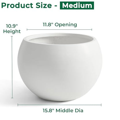15.8"Dia x 10.9"H Fiberstone Sphere Planter, White Round Flower Pot - color: White, size: Medium