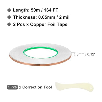 PATIKIL Copper Foil Tape, (0.12 Inch x 164 FT, Brass) (2 Set), Double Conductive Adhesive Tape with Correction Tool, Suit for - Guitar EMI/RFI Shielding/Electrical Repairs - size: 0.12 Inch x 164 FT