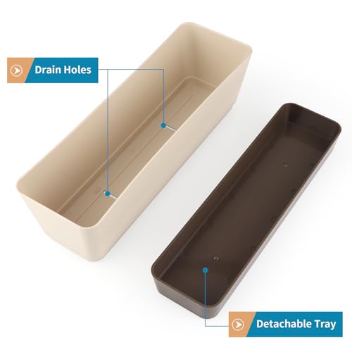 Window Box Planter with Tray, 12" Rectangle Plant Pot, Pack of 3 (Beige) - color: Beige