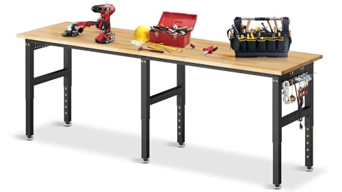 96”Adjustable Work Bench, 5000 LBS Capacity Heavy Duty Workbench with Power Outlet & Pegboard, Rubber Wood Work Table for Garage, Workshop, Office, Home - size: 96"| Rubber Pad│Power Outlets | Pegboard