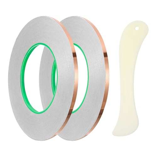 PATIKIL Copper Foil Tape, (0.24 Inch x 164 FT, Brass) (2 Set), Double Conductive Adhesive Tape with Correction Tool, Suit for - Guitar EMI/RFI Shielding/Electrical Repairs - size: 0.24 Inch x 164 FT